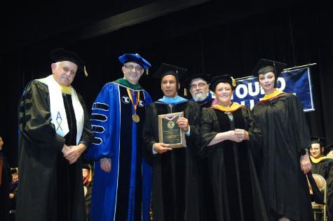 NYSCAS Commencement, June 10th. Pictured from left to right:  Dean Robert Goldschmidt, President and CEO Alan Kadish, former Governor David Paterson, Dean Eva Spinelli, and Dean Ella Tsirulnik.
