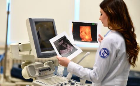 Student looking at ultrasound photos next to equipment